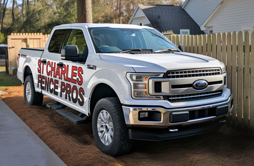 St Charles Fence work truck in front of a new wood fence installed